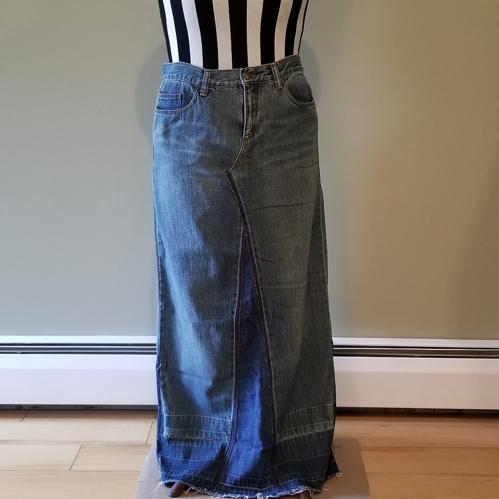 Express Jeans Deconstructed Denim Maxi Skirt